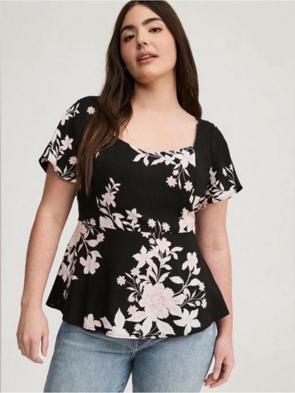 Torrid Black Floral Peplum Top - Pink Floral Print. Size 3.  Worn one time!
